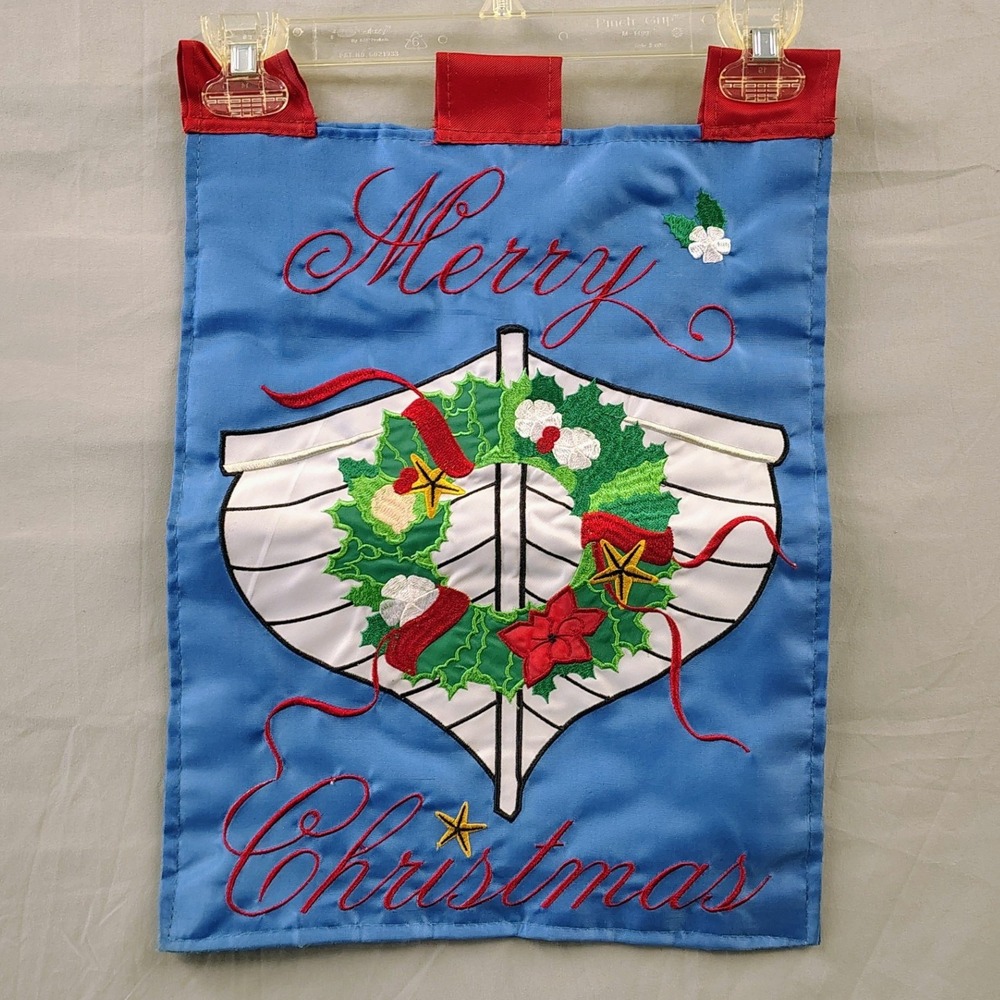 Nautical Merry Christmas‎ Garden Flag Embroidered Boat Wreath Blue 12.5x18